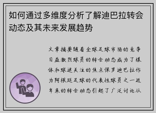 如何通过多维度分析了解迪巴拉转会动态及其未来发展趋势 如何通过多维度分析了解迪巴拉转会动态及其未来发展趋势