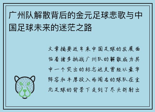 广州队解散背后的金元足球悲歌与中国足球未来的迷茫之路 广州队解散背后的金元足球悲歌与中国足球未来的迷茫之路