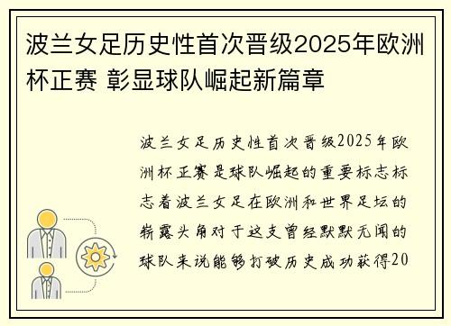波兰女足历史性首次晋级2025年欧洲杯正赛 彰显球队崛起新篇章 波兰女足历史性首次晋级2025年欧洲杯正赛 彰显球队崛起新篇章
